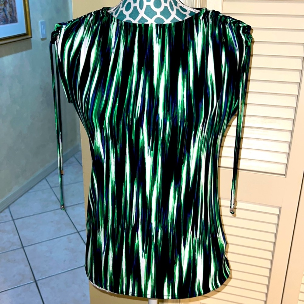 Michael Kors Green Matrix Stripe Cinched Shoulder Top Size S